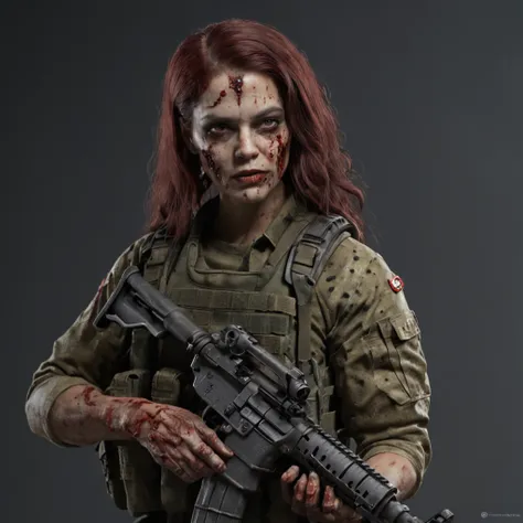 American GI，Wearing a military uniform with several holes，With a G36 assault rifle，Zombie Doom，There was still blood on his clothes。Wild flowing hair, Black panther tattoo on the arm, bigbreasts, intricately details, 8K resolution（Refer to Valley of the De...