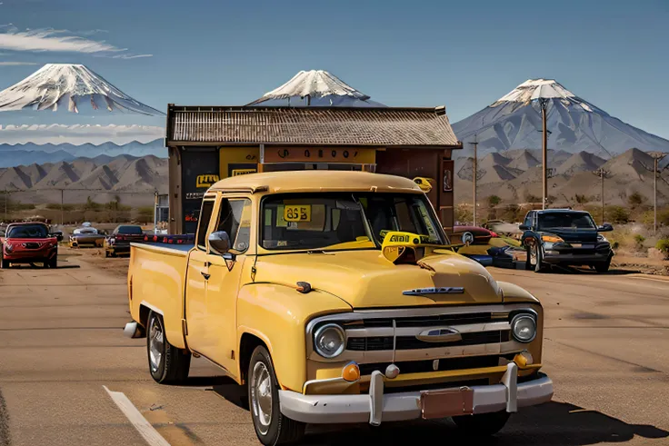 yellow truck on american highway、old gas station、route６６signs of、mcdonald's advertising、you can see mt. fuji。