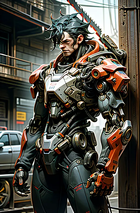 8K wallpapers, ultra-detailed works, cinematic lighting, realistic photos, Dark_Fantasy, Cyberpunk, (chain saw, chain saw man, Red: 1.1), 1man, Mechanical marvel, Robotic presence, Cybernetic guardian, wearing a worn-out mech suit , intricate, (steel metal...