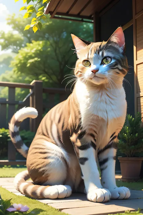 Generate live-action images。If the cat、Sitting calmly in a tranquil garden。Bright sunlight、Lush vegetation swaying in the wind。The cat is relaxed、You seem to enjoy the surrounding scenery。