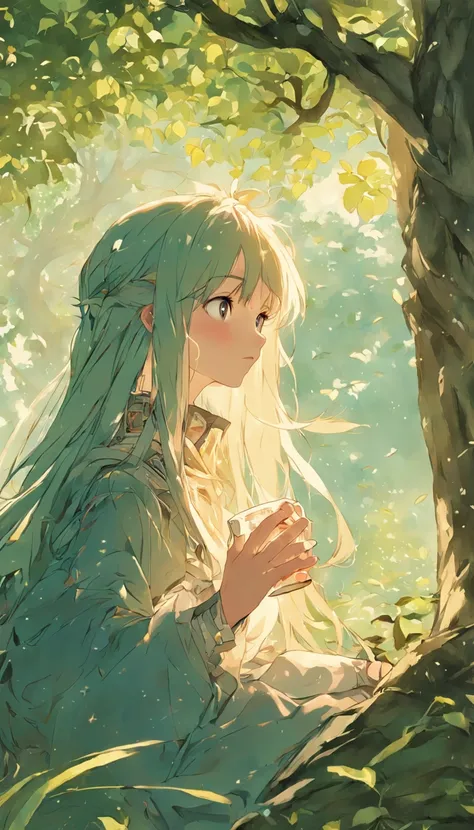 An antique long-haired girl drinking tea under a tree