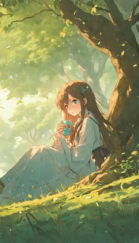 An antique long-haired girl drinking tea under a tree