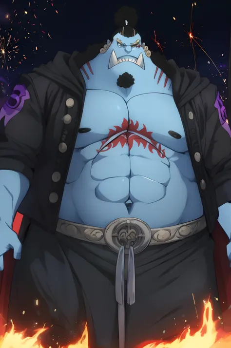 anime character with blue skin (old man), huge muscular, short hair, wearing jacket, chest tattoo, (cinematic particle vfx background), dark background