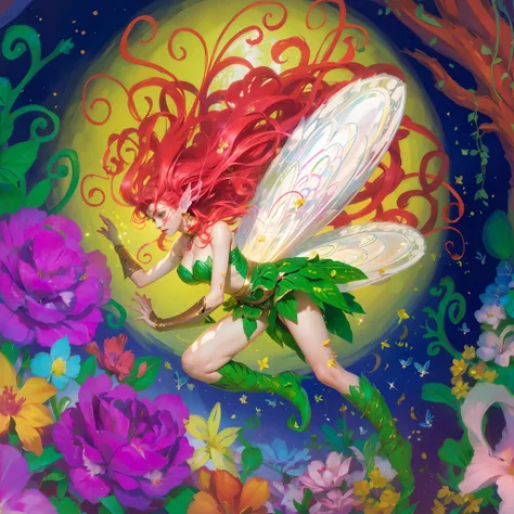 tmasterpiece,A genie,the Flower Fairy,big breasts beautiful,red tinted hair,dress made of leaves,The back mountain has five-colored transparent cicada wings,The background is a variety of flowers and moonlight,the night,Soft lighting,Correct fingers,Light