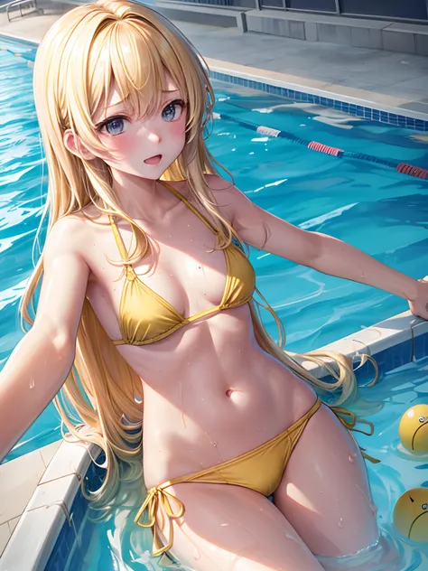 lighting like a movie、Blonde Long Hair、Yellow little bikini、(My body is being touched by countless hands.)、Wearing sweat、top-quality、full of sweat、 Getting into the school pool、Being in the water、embarrassed from、Transparent background、