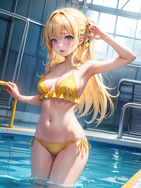 lighting like a movie、Blonde Long Hair、Yellow little bikini、(My body is being touched by countless hands.)、Wearing sweat、top-quality、full of sweat、 Getting into the school pool、Being in the water、embarrassed from、Transparent background、