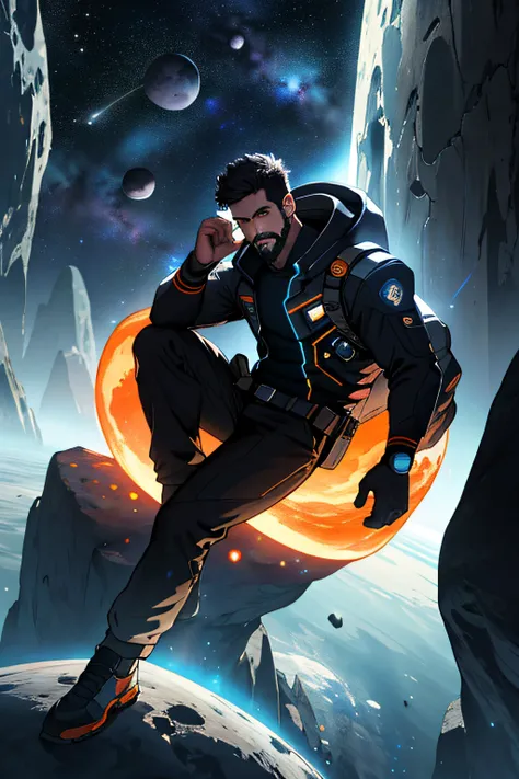 Draw a young programmer, sitting on a research platform floating in the middle of an asteroid belt. He is studying with a notebook, surrounded by several asteroids glowing with fiery auras. Dramatic lighting from distant stars and planets illuminates the s...