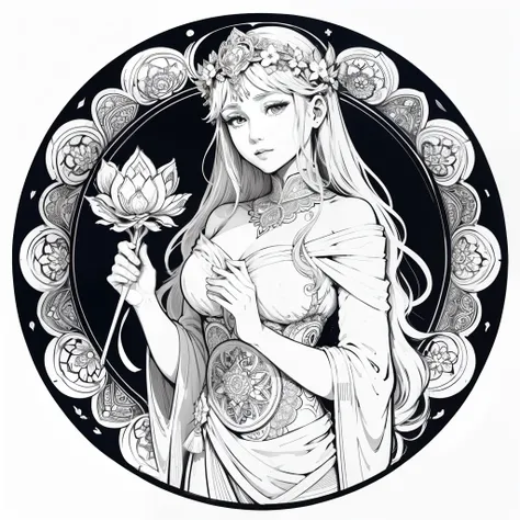 Flowers and goddess, ploynesian, garden, art for coloring book page, full white background, only use outline, line art, coloring book, clean line art, mandala for coloring with nature ornaments, simple and clean line art, coloring book page, adorned in Art...