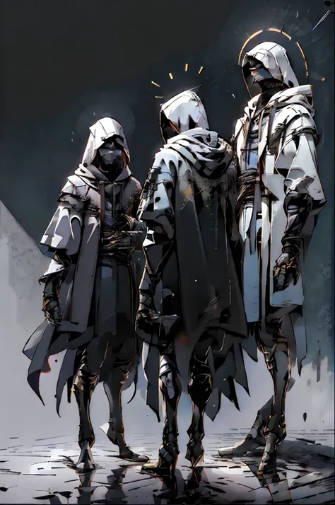 1men use long black hoodies with the Assassins Creed theme, medieval, light reflection, focus, aesthetic, fantasy, black background