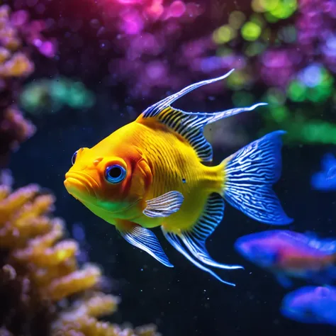 An ultra image of a colorful fish swimming away from the camera, Alta Reselução, Alta Qaulidade, Beautiful underwater luminosity, vibrante, Miki Asai Macro fotografia, Close-up, hiper detalhado, trending on ArtStation, foco nítido, Studio photo, detalhes i...