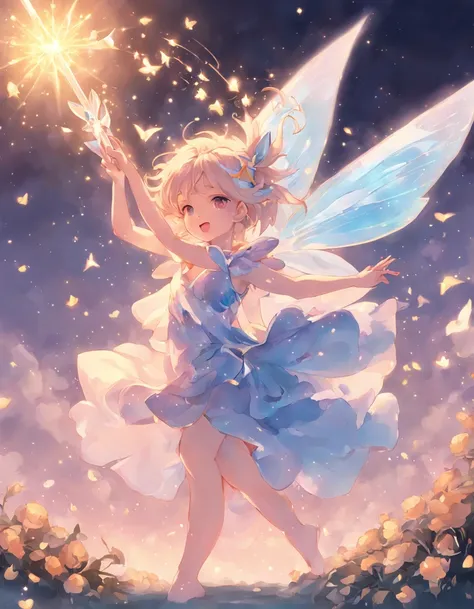 1 moon，Beautiful transparent flower fairy baby, Transparent colorful wings, The wand flutters in the wind､The wand flashed with starlight，Golden wand，Beautiful blue sky and white clouds、Girls have transparent wings､kindly smile､Beautiful garden background､...