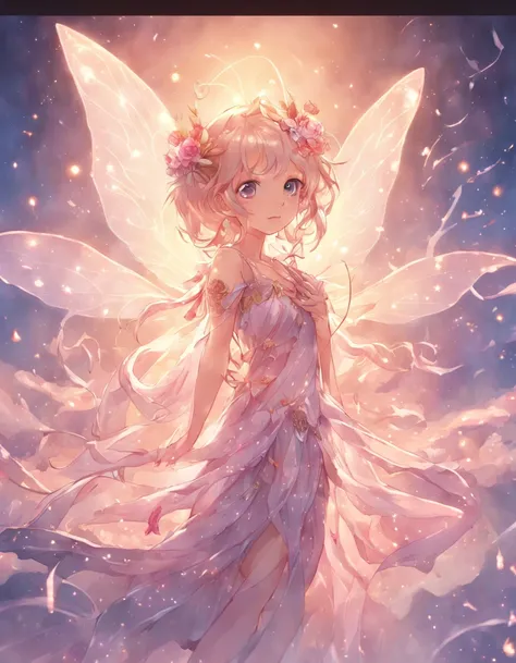 1 moon，Beautiful transparent flower fairy baby, Transparent colorful wings, The wand flutters in the wind､The wand flashed with starlight，Golden wand，Beautiful blue sky and white clouds、Girls have transparent wings､kindly smile､Beautiful garden background､...