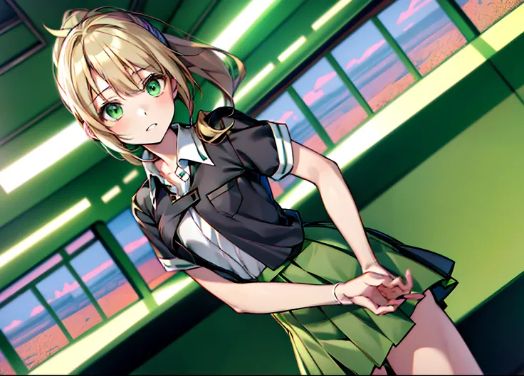 solo, (((anime girl with dark blonde hair in a short ponytail))), (light green eyes), ((tomboy)), ((flat chest)), school uniform, skirt, ((classroom in background)), ((high quality)), (extremely detailed)