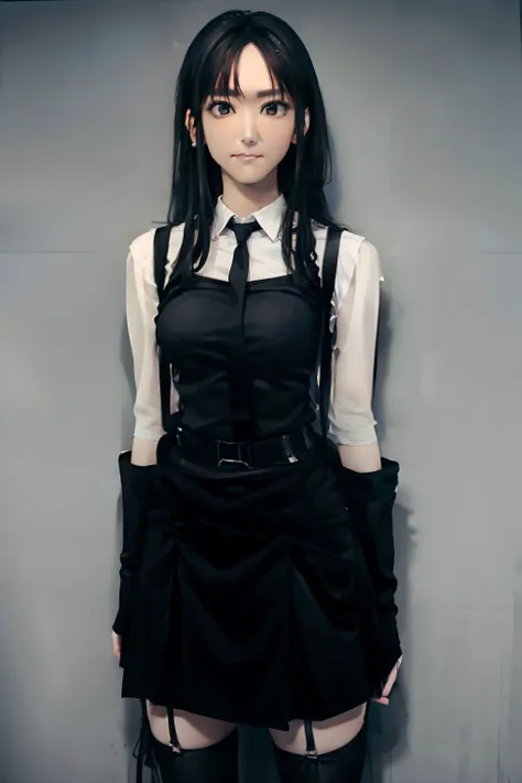 a black skirt, neck tie, Tank Tops　suspenders, Long Black Hair, Gray eyes, holster, Garter belt on the legs, , Moderately breasts, Pichi Pichi clothes, both sides　deadpan　Behind