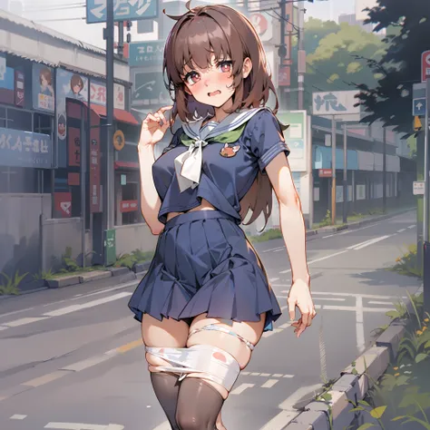 schoolgirl, Brown hair, Medium hair, Ultra-short sailor suit, (Naked:1.1),  (Blushing:1.0), Detailed face, Roadside, POV crouching，Expose the inside of your legs，Spread your legs，Tie your hands behind your back，transparent panty，nakeness