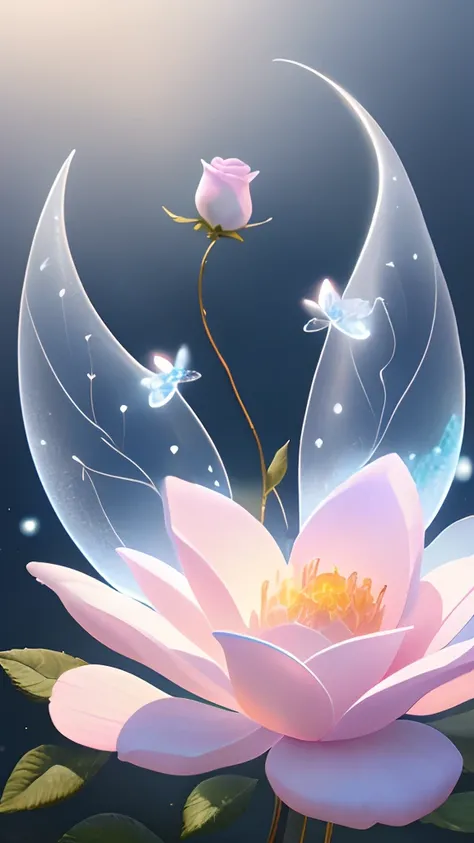 1 moon，Beautiful transparent flower fairy baby, Transparent colorful wings, The wand flutters in the wind､The wand flashed with starlight，Golden wand，Beautiful blue sky and white clouds、Girls have transparent wings､kindly smile､Beautiful garden background､...