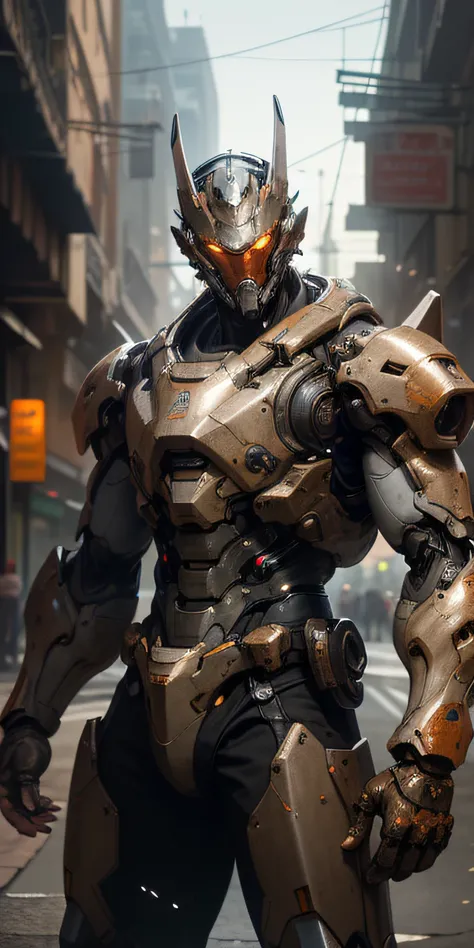 Portrait photo of an alpha male, perfect eyes, in a worn mecha suit, ((light bokeh)), intricate, (steel metal [rust]), elegant, sharp focus, photo by greg rutkowski, soft lighting, vibrant colors, masterpiece, ((streets)), cowboy shot, dynamic pose,