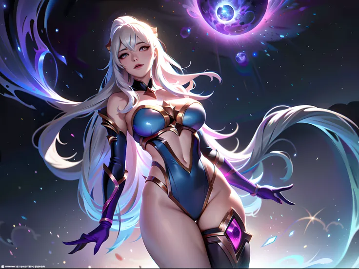 (League of Legends:1.5),Legendary skins,Astrid, the Graviton Slinger, is depicted in her splashart as a powerful and enigmatic force, wielding her gravitational manipulation abilities with mastery. The scene takes place in a celestial realm, where stars an...