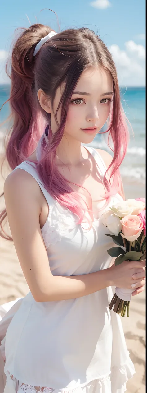 Long pink hair and double ponytail，The pupils of the eyes sparkle，Heterochromia，girl holding flowers，Petal texture depicted，sandbeach，Blue sky，baiyun，Light wind，Coquettish and cute expression，ultra HD wallpaper，3Drenderingof