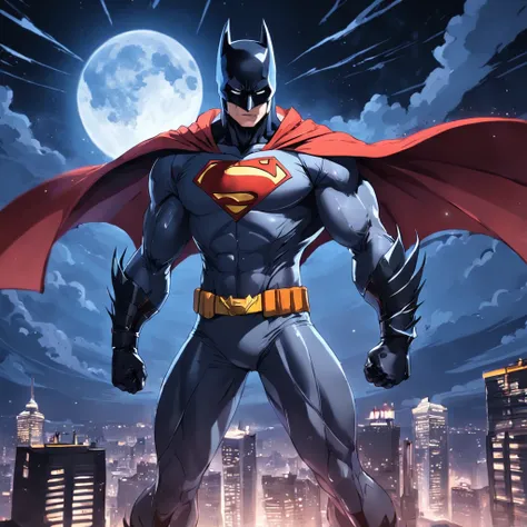 mtu，Rooftop，Batman clothes，Supermans cape，On the chest is a fusion version of the Superman logo and the Batman logo，rays of moonlight，nigth，Batman helmet