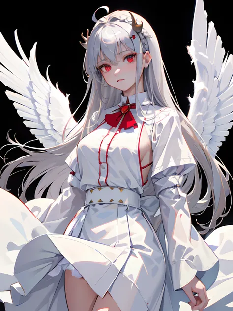 ((masterpiece, best quality)), (1girl), (solo), (female focus), (ahoge, silver hair, long hair), red eyes, ((white shirt), (buttoned shirt)), ((white skirt), (short skirt)), standing, white background, arms behind back, four angel wings on the waist, deer ...