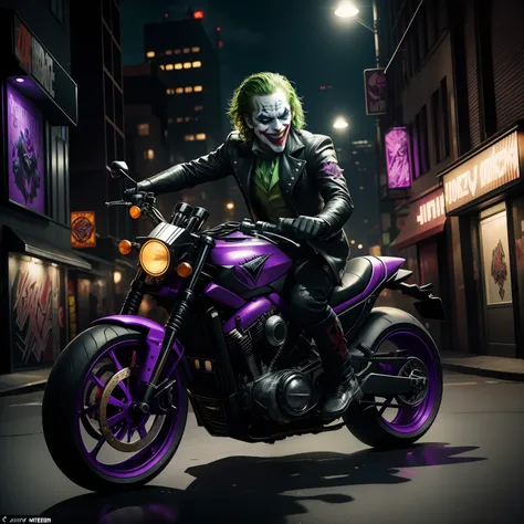 /create prompt:The Joker riding a flamboyant and chaotic Joker-themed motorcycle through the twisted streets of Gotham City, embodying his unpredictable and wild nature. The scene begins with the Joker clad in his eccentric attire, mounting his motorcycle ...