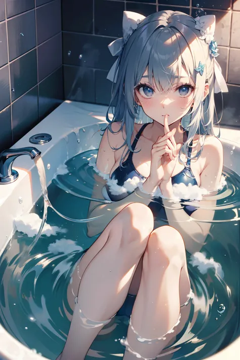 top-quality、Full limbs、complete fingers、Slender beauty、knee high、white school swim suit、Naughty Poses、embarrassed from、Embarrassed look、Covered in bubbles、Jacuzzi、Bubble bath、shampoo、bubbling、a shower