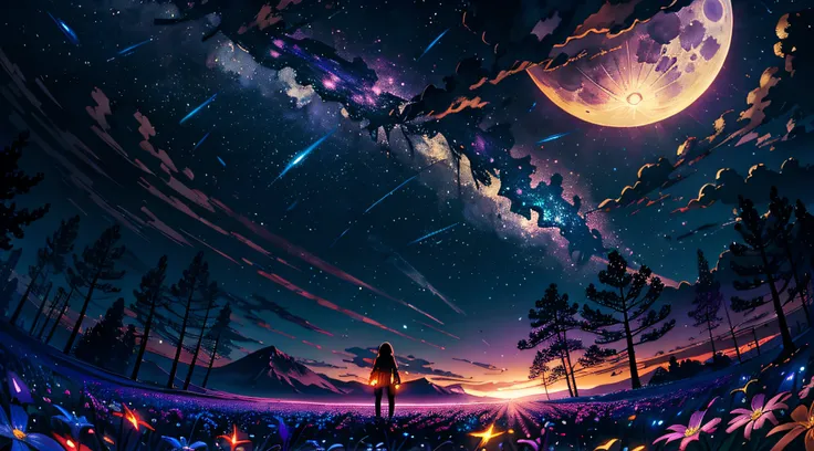 expansive landscape photograph , (a view from below that shows sky above and open field below), a girl standing on flower field looking up, (full moon:1.2), ( shooting stars:0.9), (nebula:1.3), distant mountain, tree BREAK
production art, (warm light sourc...