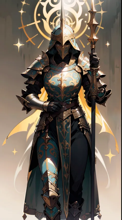 Game character design，holy paladin，Quaint and heavy armor wraps the entire body，shelmet，Holding a stout and ornate scepter，heavy boots，（full bodyesbian：1.4），solid color backdrop，clean backdrop，depth of fields，high light，Real light，Ray traching，oc rendered，...