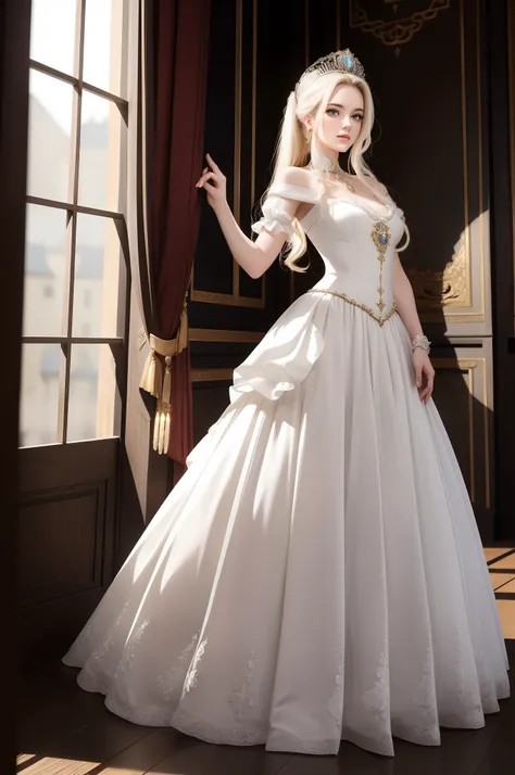 Full body、((top-quality、​masterpiece、8K))、Beauty 1 person、delicate and beautiful face、extremely detailed eye and face、beatiful detailed eyes、18year old、（Luxurious dresses like Marie Antoinette）、Beautiful long hair、Elegant smile、（Luxurious and glittering da...