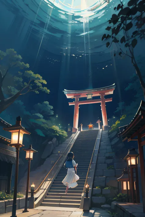 superfine illustration, Best Quality, Sinking into the sea, High-quality illustration of a Japan shrine tucked away on the seabed, Surrounded by fantastic waters、Rays of light pierce through, Evoke deep nostalgia.　A girl in the style of Makoto Shinkais pai...