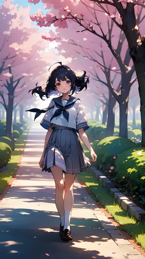 An extremely cute high school girl with big eyes and fluffy hair, wearing a sailor uniform, socks and loafers, walking to school on a cherry tree-lined path on a clear sunny morning at sunrise, modern era, anime art style portraying a heartwarming ambience...