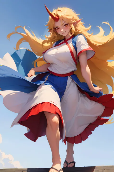 hoshiguma yuugi,1girl,single horn, pointy ears, blonde hair, long hair,yellow eyes,s ,white shirt,skirt,, muscle girl, huge breast,walking, single horn, long skirt, flip flops, sharpteeth, smile, tomboy,very long skirt, blue and red skirt, traditional germ...