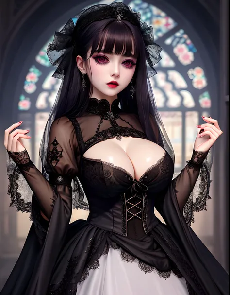 ​masterpiece, absurderes, nffsw, extremely detailed eye and face, GothGal, Woman in Gothic Ball Gown, Runny nose makeup, See-through clothing ,Ren Hao、embroideries、woman wearing a GothGal outfit、shiny pale white skin、large full breasts, Deep cleavage, wear...