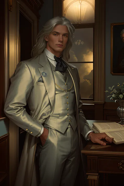 There is a man in a suit with a book in the room, silver haired, castle interior, The hand lies on the table, portrait of fin wildcloak, Tom Bagshaw Donato Giancola, style of charlie bowater, A worthy aristocrat, beautiful androgynous prince, Male artisan,...