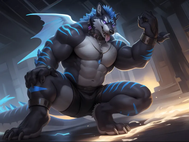 Solo, Male, (Muscular), sacrifices, (male anthro wolf):1.3, White flesh，nakeness，divinity，Numbered collar，High-quality experimental products，Kingly momentum，Evil God (Kamimei):1.3, (komono:1.4) (DOA):1.23, Detailed eyes, lizard tail,A pair of dragon horns,...