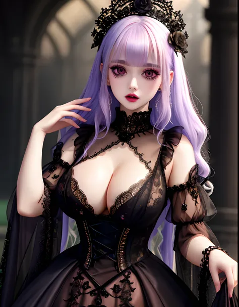 ​masterpiece, absurderes, nffsw, extremely detailed eye and face, GothGal, Woman in Gothic Ball Gown, Runny nose makeup, See-through clothing ,Ren Hao、embroideries、woman wearing a GothGal outfit、shiny pale white skin、large full breasts, Deep cleavage, wear...