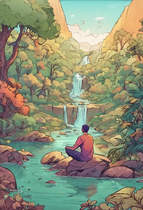 Um desenho estilo anime de um velho senhor meditando em uma paisagem na natureza