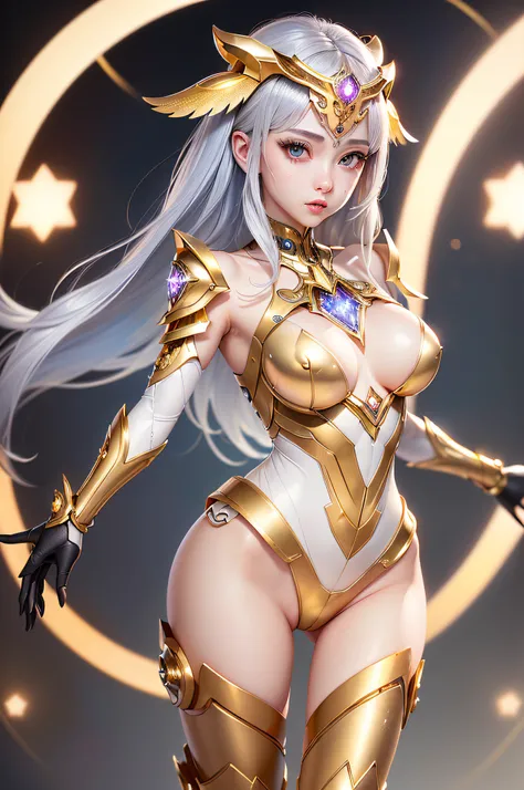 a realistic photo of a beautiful girl、Full body like、Cybernetic pearl suit、bilaterally symmetrical、Large crystal eyes in the center of the chest,、Gold and silver decoration on pearl body、shoulder armer、Pearl Helmet、