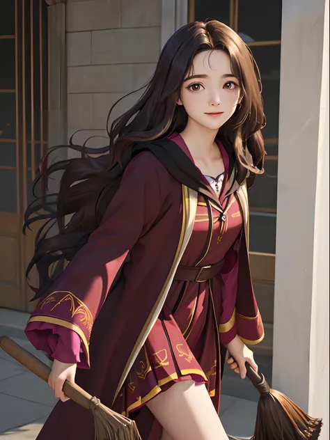 ((masterpiece:1.2), (best quality:1.2), looking at viewer, bare and fair skin,Wizarding world, shimmer reflected on hair, long hair fluttering in the wind, (wavy long hair), hair middle part, energetic , smily, happy , 15 year old eauropen girl, dark brune...