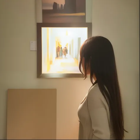 There was a woman looking at a painting on the wall,huge boob