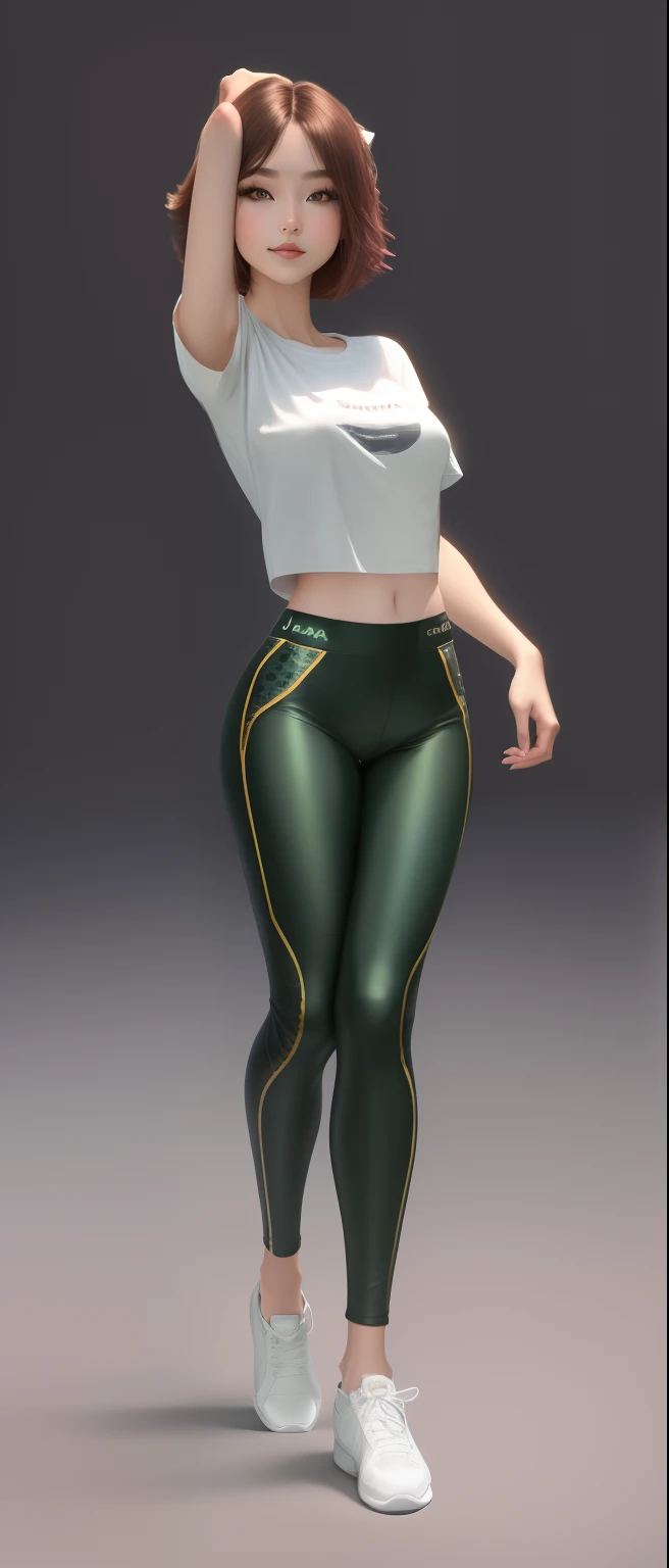 girl with、Jaguar Pants、tshirts、beautiful countenance、Bob Hair, (((Simple background :1.3))), Masterpiace, Best Quality, in 8K, Realistic, Dancing、A smile