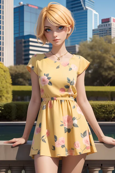 (masterpiece), (best quality), woman, captivating eyes BREAK short yellow top fade hair, undercut hairstyle BREAK floral short dress, best quality, (best quality:1.1), , ultra detailed, reflections, extremely detailed, 8k, city garden, detailed background