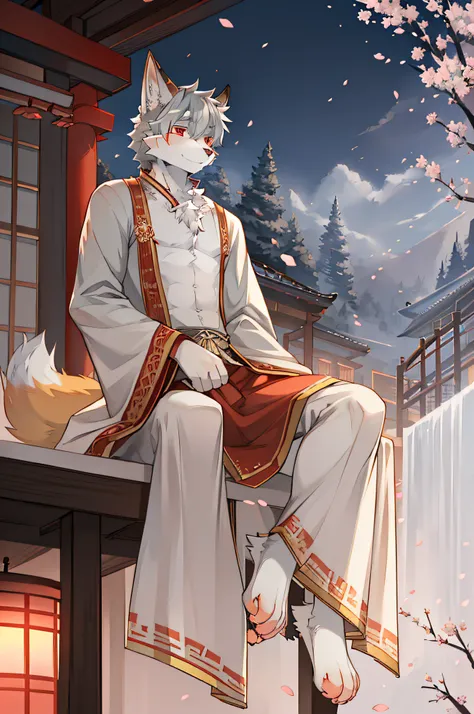 grey_hair,red eyes,Sitting,long sleeves,flower_petals ,cherry blossoms,waterfall,shrine,anime,Cinematic Lighting,style of a anime,highres,comic,upper body,anime coloring,furry,anthro, uploaded_on_e621, fox_boy,grey_white_fur, body_fur, furry_kemono, furry_...