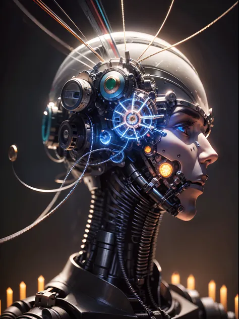 (((wide view)))), (((Mechanical male head, floating in the laboratory))), In the center of the room floats the head of a robot, (((The head and torso are separate))), Its smooth metal surface reflects a dazzling variety of lights, Lighting of the room. Pip...