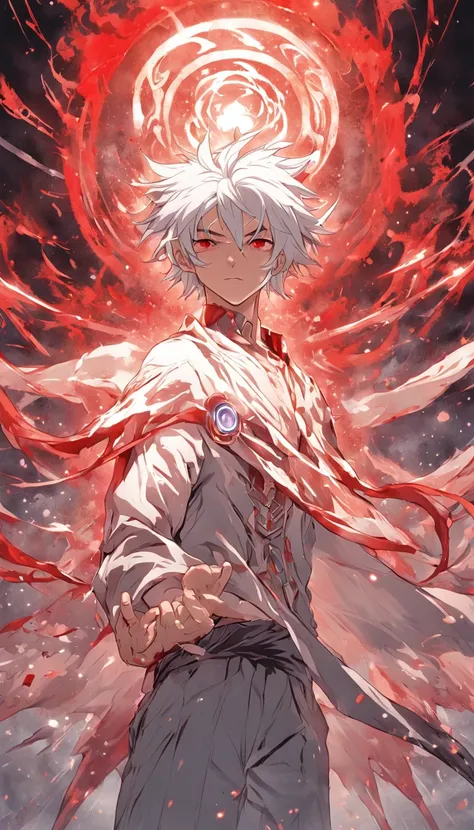 artificial soul of the white-haired, red-eyed male protagonist emerging from his body, represented as an ethereal energy with swirling patterns, as he confronts the controlling God