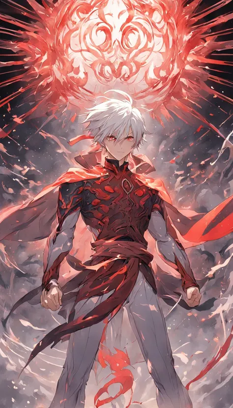 artificial soul of the white-haired, red-eyed male protagonist emerging from his body, represented as an ethereal energy with swirling patterns, as he confronts the controlling God