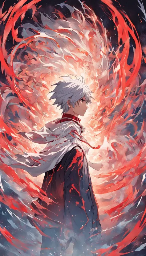 artificial soul of the white-haired, red-eyed male protagonist emerging from his body, represented as an ethereal energy with swirling patterns, as he confronts the controlling God