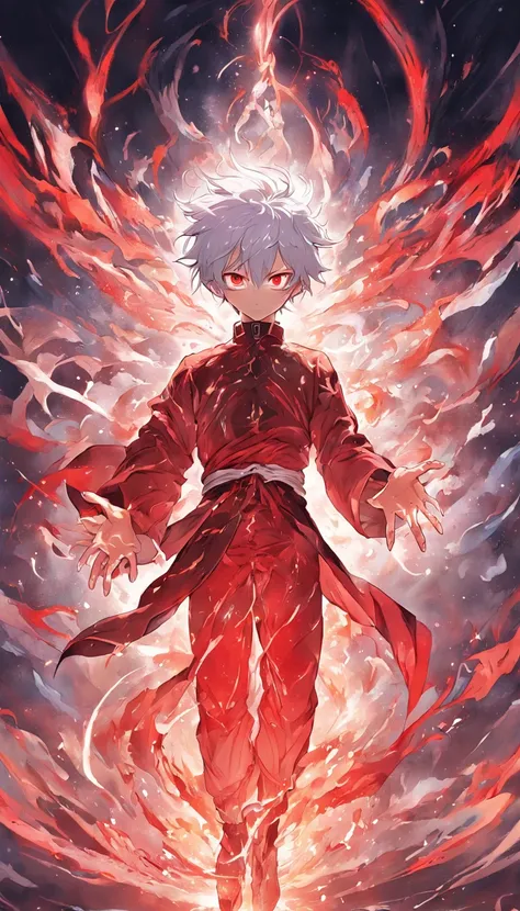 artificial soul of the white-haired, red-eyed male protagonist emerging from his body, represented as an ethereal energy with swirling patterns, as he confronts the controlling God