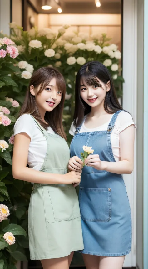 Two women in aprons displaying flowers in a flower shop、(​masterpiece、top-quality) 、absolutely outstanding image, very extremely beautiful、​masterpiece, top-quality,a picture, kawaii、(Colossal tits:1.2)、((20 year old woman:1.2))、Young adorable Japan face,8...